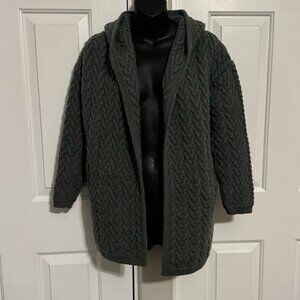 The Irish Store cable knit open hooded cardigan 100% wool in green forest